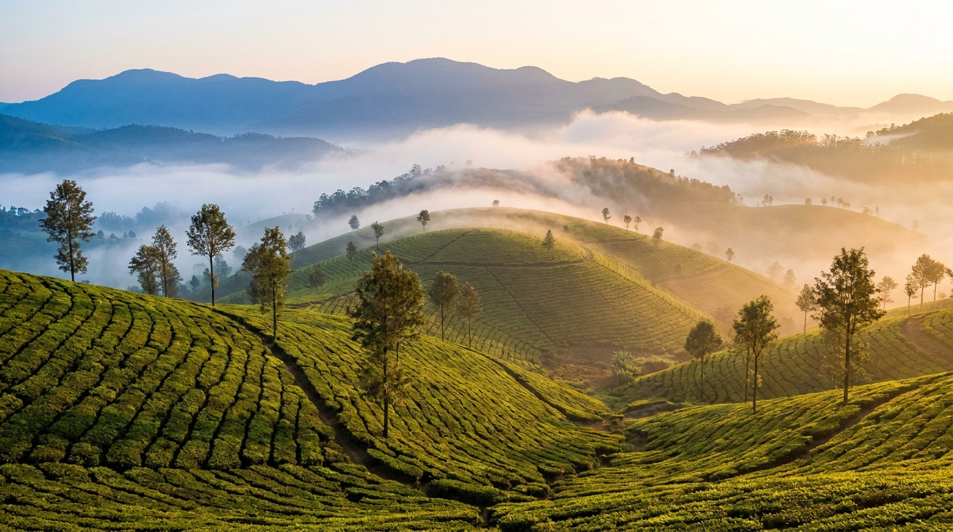 Misty green tea plantations rolling across the hills of Coonoor at dawn