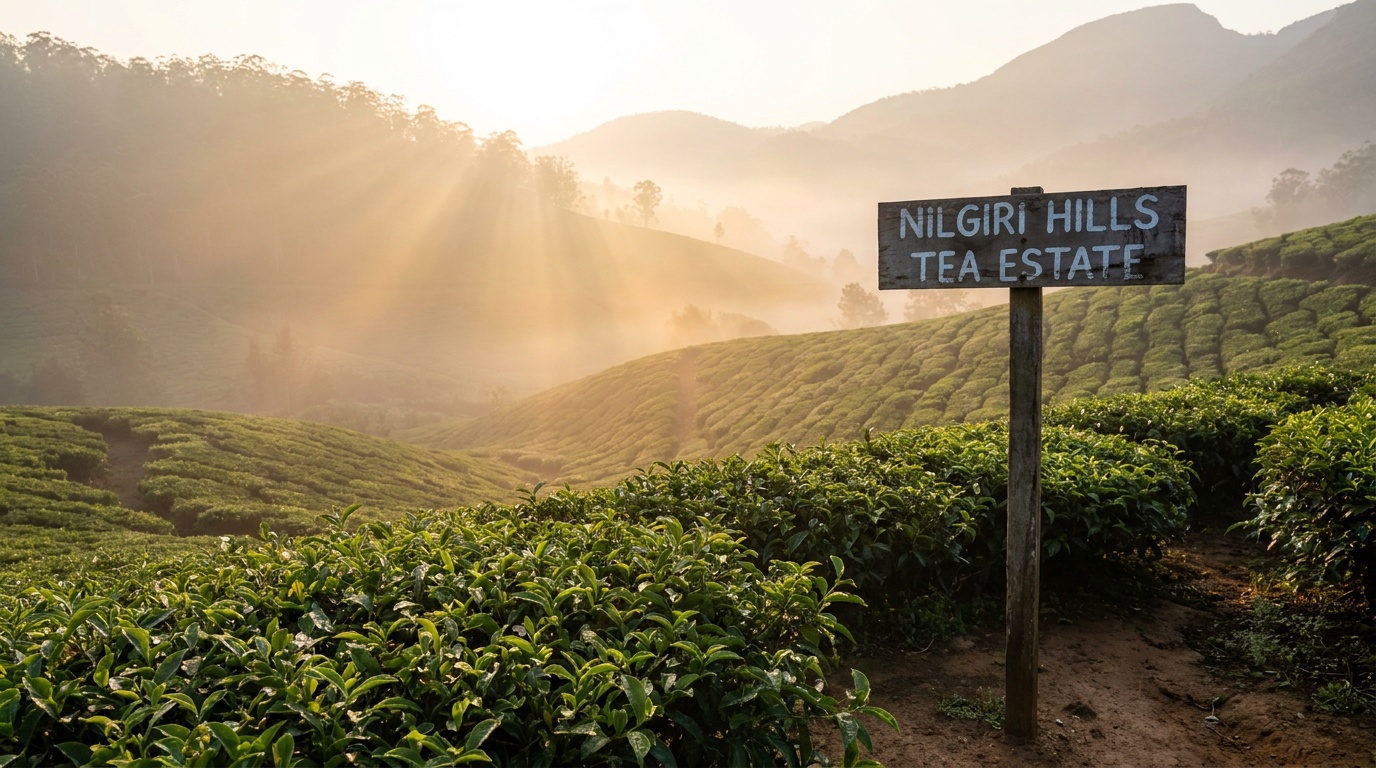 Golden sunrise over a misty tea estate in the Nilgiris
