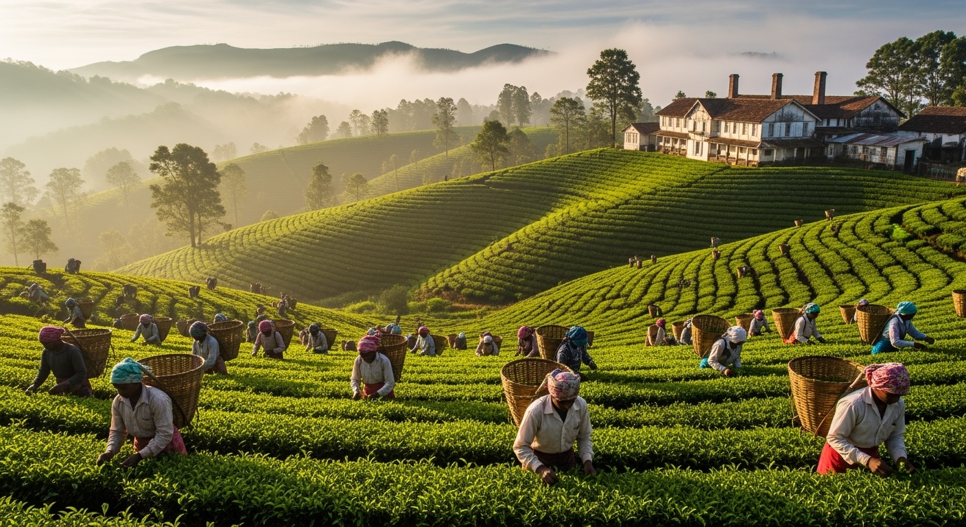 Historic tea gardens of Coonoor showing workers and plantations